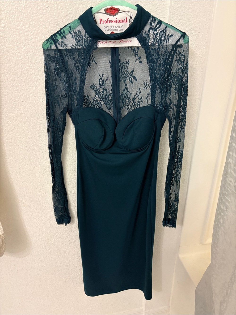 Fashion Nova Teal Lace-Sleeve Bodycon Dress